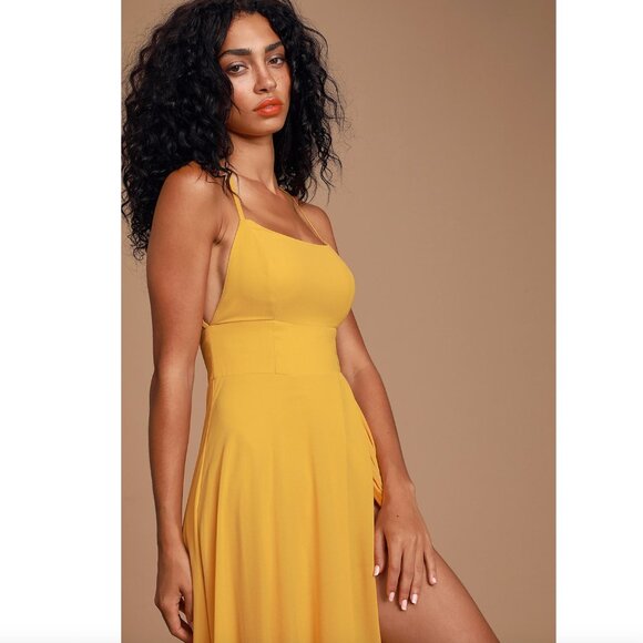New w/Tags - Lulu’s Dreamy Romance Backless Maxi Dress in Mustard, size XL - Picture 7 of 13